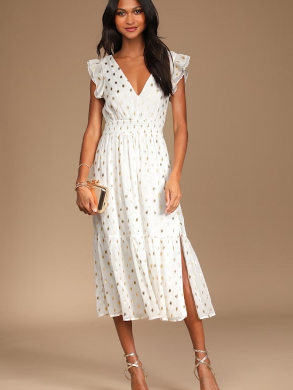 Lulus Cause To Celebrate White And Gold Dot Ruffled Tiered Midi Dress - Size S